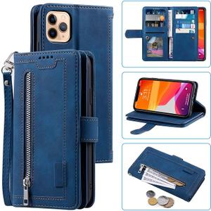 EYZUTAK Wallet Case for iPhone 14 Pro Max, Retro Matte 9 Card Holder Slots Zipper Pocket Case PU Leather Magnetic Closure Kickstand with Wrist Strap Shockproof Folio Flip Case - Blue