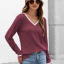 V Neck Long Sleeve Shirts for Women Fall 2025 Casual Business Ribbed Knit Sweater Cute Work Outfits (X-Large, D-wine Red)
