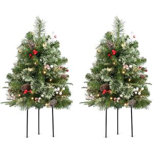 30 Inch Outdoor Christmas Tree Frosted Urn Filler 2 Set, Pre-lit Small Artificial Xmas Tree with 50 LED Lights, Realistic Carolina Pine and Berries for Pathway, Porch, Driveway, Yard (White)