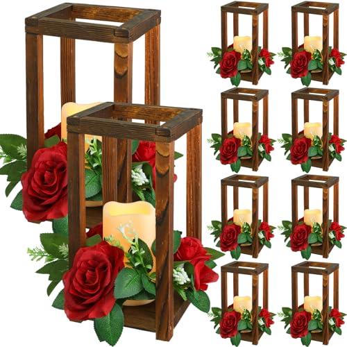 Hushee 30 Pcs Integrated Wedding Lantern Centerpiece Rustic Wooden Holder with Candles and Rings Farmhouse Candle Lantern Decor for Home Valentine Wedding Party Table Decor