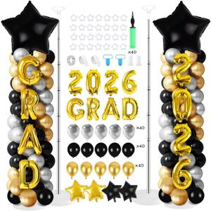 2 Sets Graduation Balloon Column Stand Kits with Balloons 2026 Grad Themed Decoration Navy Blue Balloon Tower Stand Kit for Grad High School & College Celebration Party Decor (Black Gold, 2)