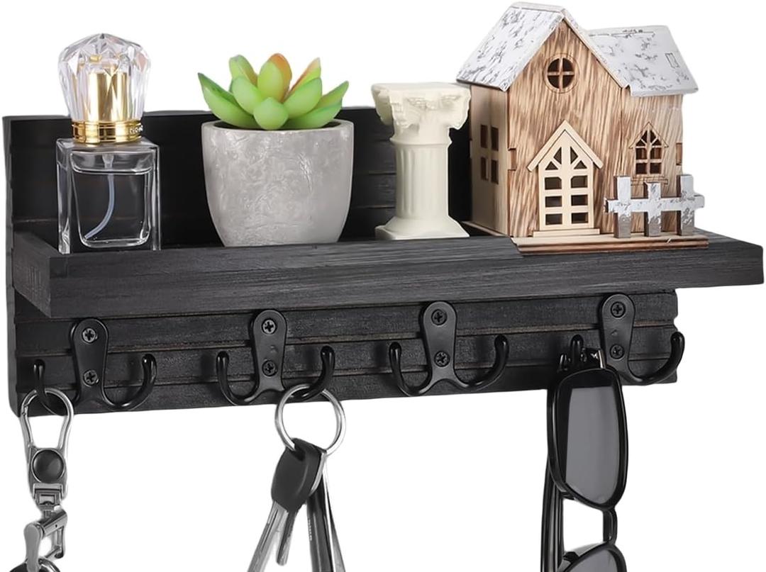 Decorative Key Hanging Rack with 4 Double Hooks  Easy Install Natural Wooden Key and Mail Holder for Wall Mount  Entryway Decor Rack with Shelf (Carbon Black)
