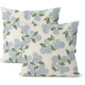 Spring Pillow Covers 18x18 Inch 2 Pcs Blue Green Hydrangea Flower Decor Throw Pillows Vintage Floral Seasonal Summer Outdoor Decoration Pillowcase Linen Cushion Cover for Couch Sofa