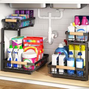 PXRACK 2 PACK Under Sink Organizer,Adjustable Height,2 Tier Pull Out Under Cabinet Organizer,Thickened Metal Shelf,Slide Out Under Sink Storage for Kitchen Bathroom Cabinet Laundry (Black)