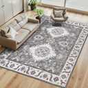 Ileading Washable Area Rugs 8x10, Grey Living Room Bedroom Rug Vintage Boho Non Slip Distressed Indoor Floor Carpet, Low Pile Under Table Mat for Dining Laundry Kids Nursery Play Room