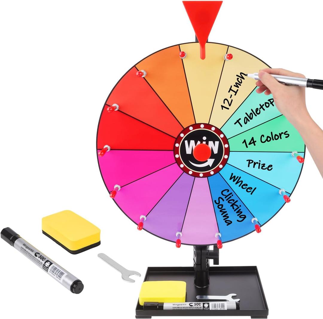 12 Inch Tabletop Spinning Prize Wheel - 14 Slot Tabletop Spin Wheel with Stand, Heavy Duty Storage Base, Dry Erase Board & Marker for Carnival, Party, Classroom & Corporate Event Games