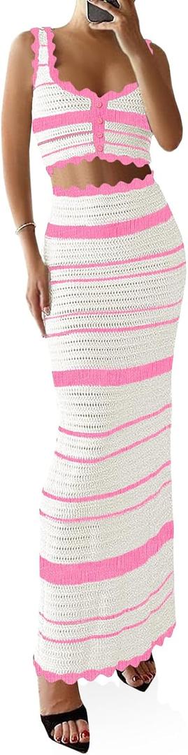 Saodimallsu Womens 2 Piece Sets Summer Striped Crochet Knit Coverup Sleeveless Button Crop Tank Top Bodycon Maxi Skirt (Small, Pink)