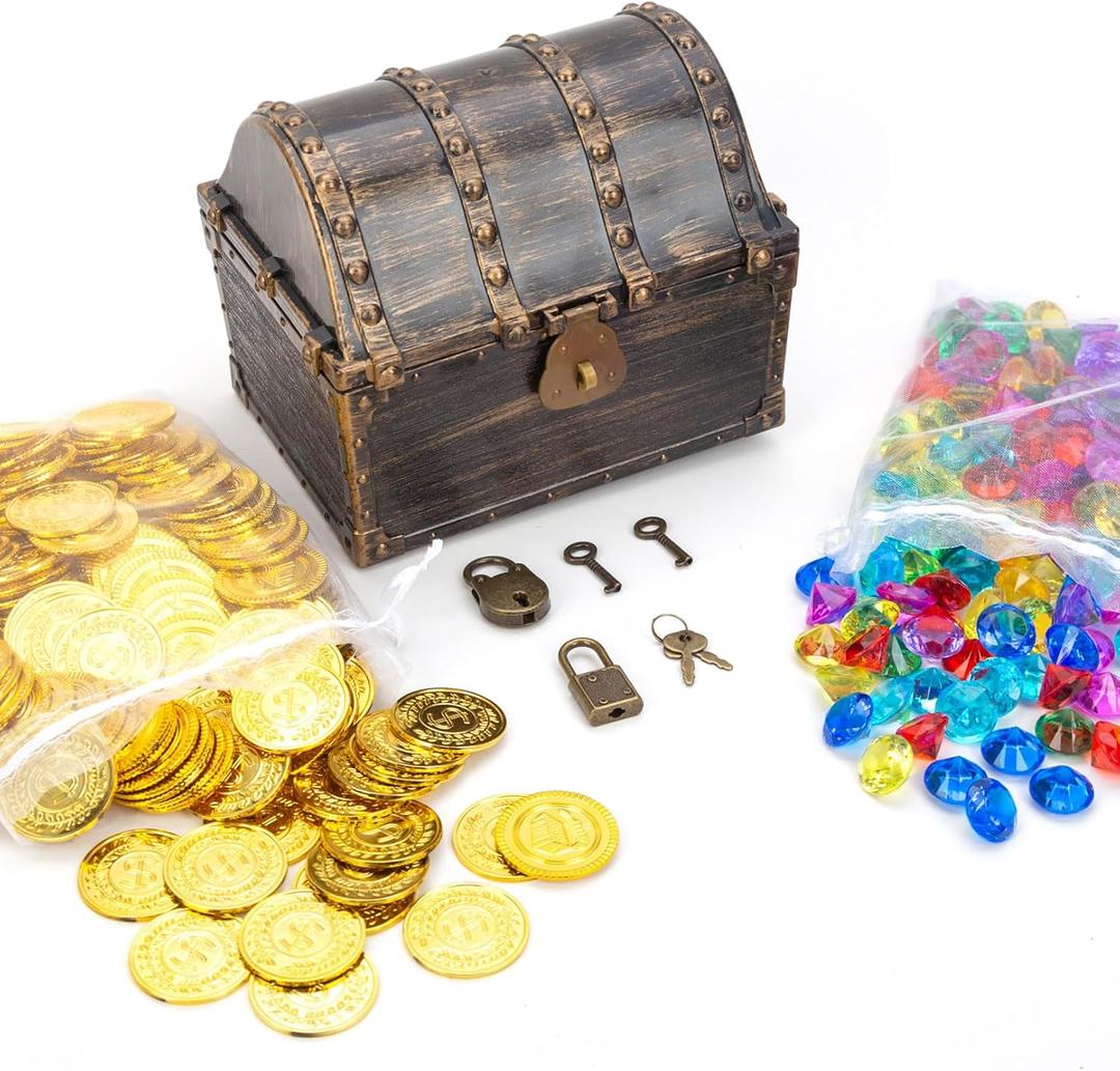 Treasure Chest for Kids Prizes,Plastic Treasure Chest with 288 Treasure Gold Coins and Gems,Jewels- Perfect for Pirate Themed Parties and Games