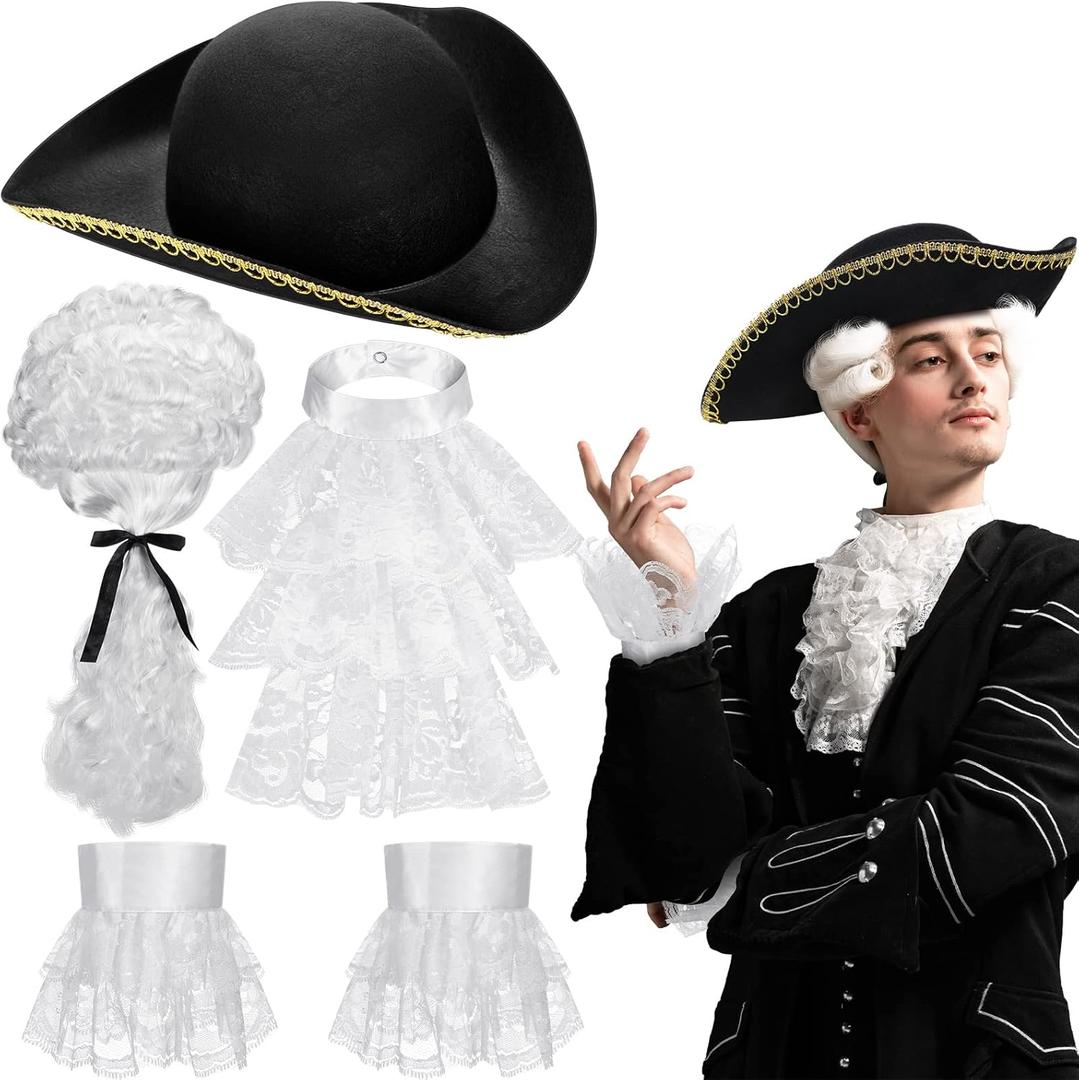 Zhanmai Founding Fathers Costume Colonial Style Tricorn Hat White Wig Lace Ruffled Tie and White Lace Cuffs Historical Colonial Outfit for Halloween Dress up Party