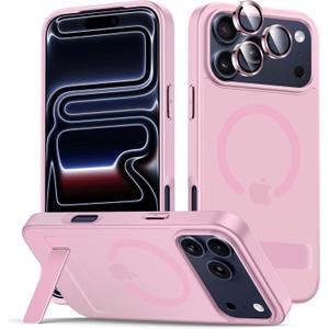 LEKEVO for iPhone 17 Pro Case with Stand, Compatible with MagSafe, Camera Lens Protector, Translucent Matte Slim Silicone Shockproof Magnetic Phone Cover, Pink