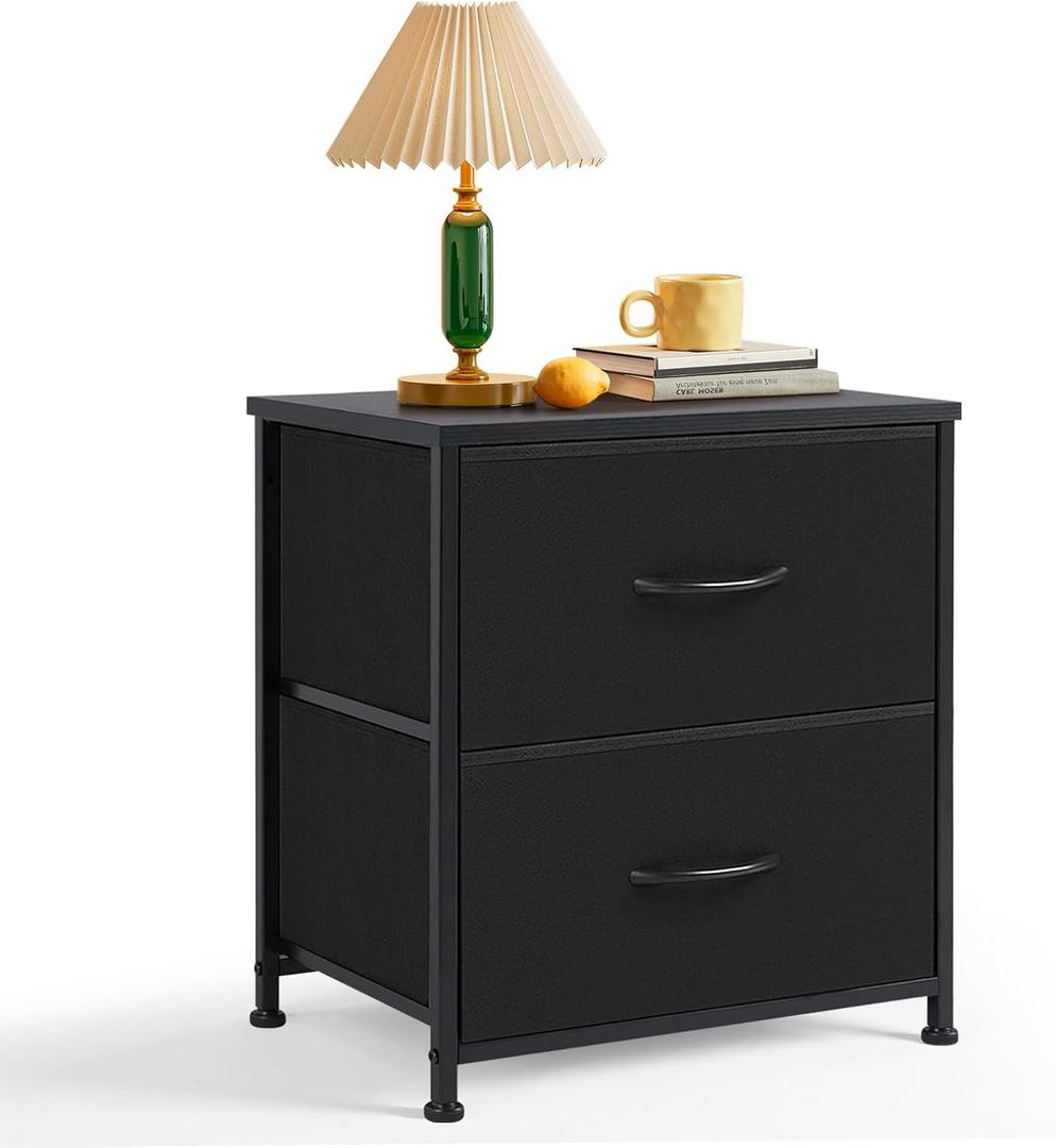 Nightstand, Small 2 Drawer Dresser End Table Bedside Furniture, Wooden Top Fabric Bins for Bedroom, Closet, Entryway, Dorm, 11.8" D x 18" W x 20", Black