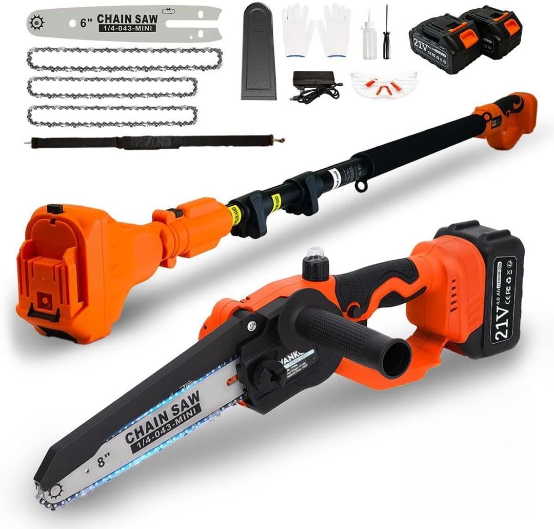 Electric Pole Saws for Tree Trimming 15ft, Cordless Pole Saw Chainsaw with Battery and Charger, 6"&8" Mini Chainsaw for High Tree Branches Pruning & Wood Cutting, Gifts for Men Dad Husband Gadget