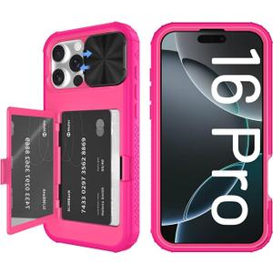 Tieuwant for iPhone 16 Pro Case Wallet, Built-in Mirror, Card Holder, Slide Camera Cover, Kickstand, Ultra Thin & Comfortable, Rugged Heavy Duty Girls Women Protective iPhone Case, Rosepink