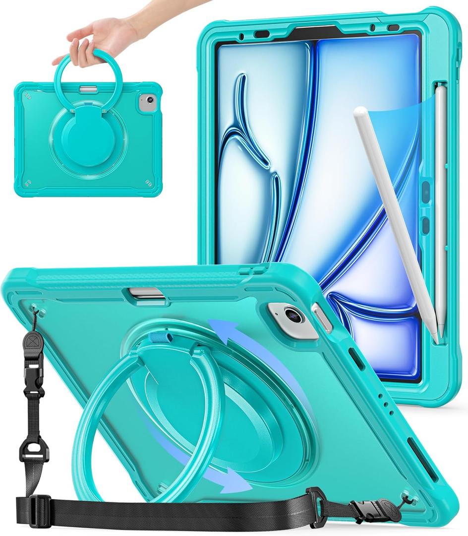 BATYUE Case for iPad Air 11 Inch M3/ M2 (2025/ 2024), Air 5th/ 4th 10.9 Inch (2022/ 2020), Pro 11" 4th/ 3rd/ 2nd/ 1st, Shockproof Cover with 360 Rotating Stand, Pencil Holder, Shoulder Strap, Light Blue