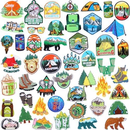Hotop 48 Pcs Camping Theme Iron on Patches Adventure Outdoor Mountain Backpacking Sew on Patches Hiking Embroidered Applique for Jeans Jackets Clothes Backpack Cap DIY Crafts Sew Making