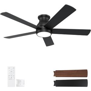 POCHFAN 52 Inch Black Ceiling Fans with Lights and Remote, LED Low Profile Flush Mount Ceiling Fan for Bedroom, Living Room, with Quiet DC Motor, Dimmable 6 Speeds