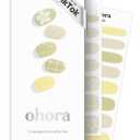 ohora Semi Cured Gel Nail Strips (N Olivia) - Green, Patterned, Works with Any UV/LED Lamps, Salon-Quality, Long Lasting, Easy to Apply & Remove - Includes 2 Prep Pads, Nail File & Wooden Stick