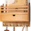 Rebee Vision Modern Farmhouse Mail Organizer with Drawer Organizer - Rustic Key and Mail Holder for Wall with 7 Key Hooks for Apartment Essentials - Aesthetic Home Decor (Light Brown)