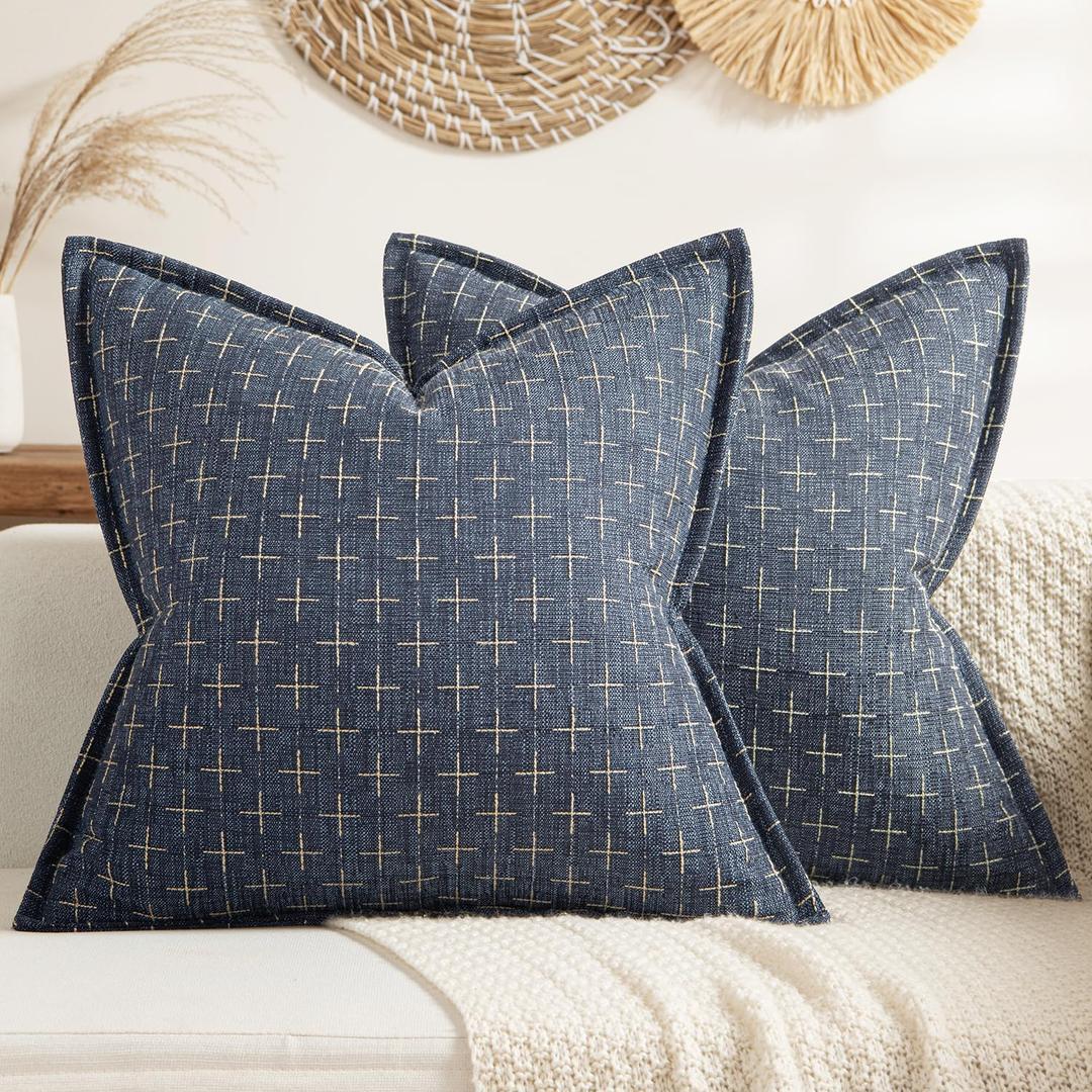 MIULEE Decorative Burlap Linen Throw Pillows Covers 18x18 Inch Blue Vintage Couch Pillow Covers Outdoor Modern Farmhouse Pillowcase Woven Textured Cushion Cases for Sofa Bed Livingroom