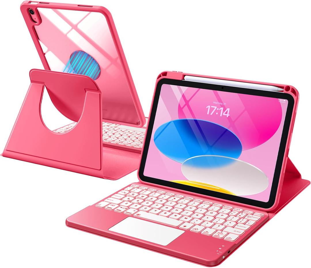 Harvopu for iPad 10th/11th Generation A16 Case with Keyboard, 360 Rotation Detachable Cover with Pencil Holder, Multi-Touch Trackpad, 7 Colors Backlit Keyboard for iPad (A16)/10th Gen (Pink)