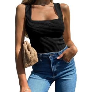 BZB Womens Ribbed Tank Tops 2025 Summer Sleeveless Square Neck Shirts Casual Slim Fitted Knit Shirts (Large, 01 Black)