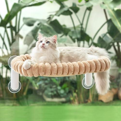 Sunhoo Cat Window Perch Bed Foldable Kitty Windowsill Hammock Shelf Seat Large Cats Suction Cup Indoor Kitten Window Sill Lounger with Soft Plush Cushion Machine Washable 21.26*11.8in (Light Camel, M)