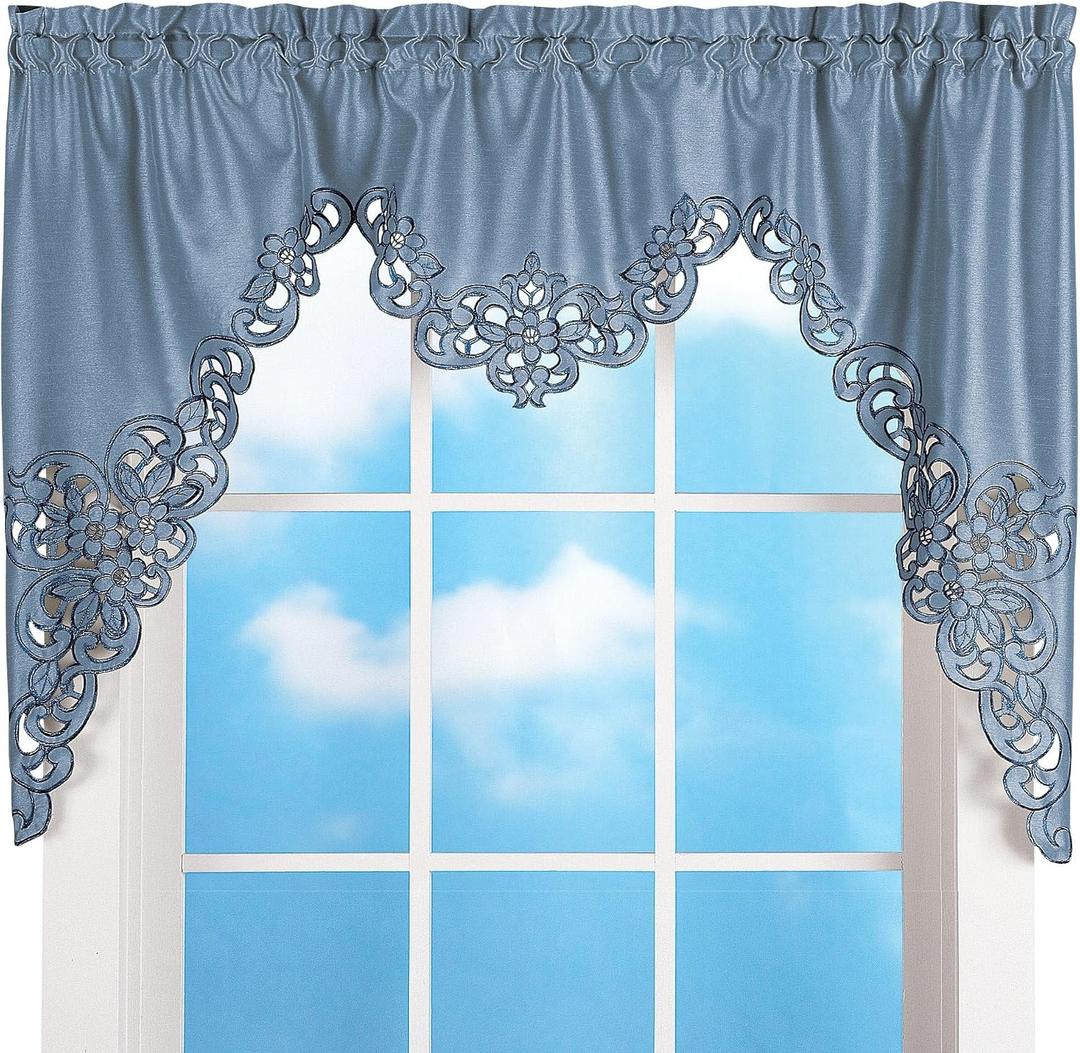 Collections Etc Elegant Cut Out and Embroidered Scroll Window Valance with Rod Pocket Top for Easy Hanging, Blue, 58" X 36"