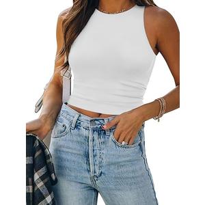 ATHMILE Womens Double Lined Crop Tank Tops Casual Basic Shirts Sleeveless Workout Tops Cute Summer Clothes Teen Girls
 (White, XL)