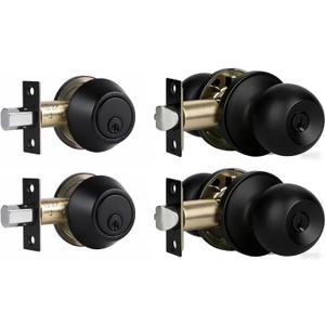 Exterior Door Lock Set with Deadbolt, Single Cylinder Deadbolt Lock and Door Knob Set, Keyed Alike Door Locks for Front Door,Matte Black Door Knob And Deadbolt Set, Pack Of 2