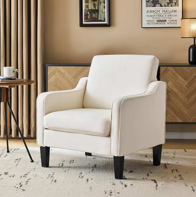 VINGLI Mid Century Modern Accent Chair, Beige Fabric Accent Chairs for Living Room Upholstered Armchair Sofa with Scooped Arms for Bedroom, Apartment, Studio, Office, Waiting Room
