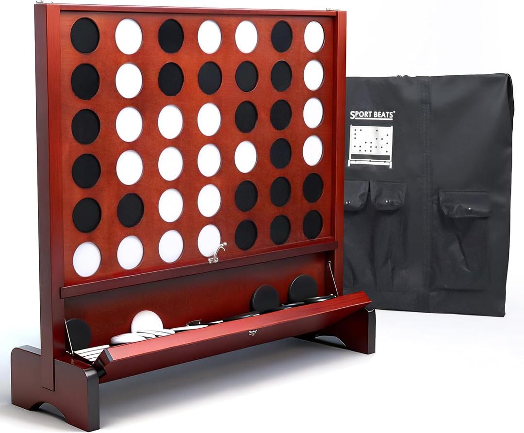 SPORT BEATS Giant Wooden 4 in a Row Game with Folding Catch Tray | Patented Wall Mountable Outdoor & Backyard Game | Includes Carry Bag, Detachable Legs
