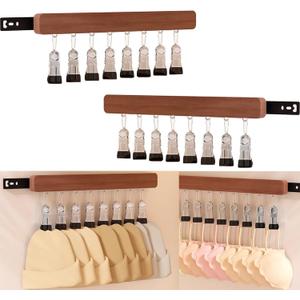 2PCS Pull Out Closet Hanger with 8 Hooks, Wall-Mounted Wooden Closet Valet Rod Slide Out with Non-slip Rubberized Clips, Left & Right Pull out Belt Organizer for Closets, Bra, Underwear