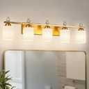 BNHHLZ White Glass Bathroom Vanity Light 5 Light Mid Century Black Bathroom Lighting Fixtures Over Mirror Modern Vanity Lighting Wall Mount for Bathroom Mirror Hallway(Bulbs Not Included)