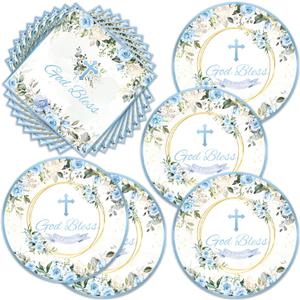 40pcs Blue God Bless Party Supplies Tableware Set First Communion 20 Plates and 20 Napkins for Newborn Baptism Church Party Decoration Serve 20 Guests