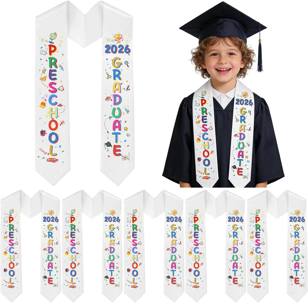 Kindergarten Printed Graduation Stole Kids Graduations Sash Preschool Printed Graduation Stole Class of 2026 (White)