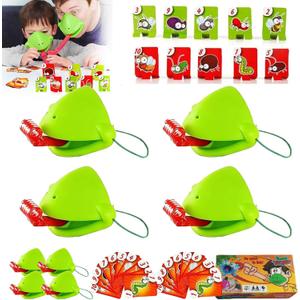 Chameleon Tongue Shooting Game with Blowing Air - 4PC Multiplayer Party Set for Kids w/Frog Masks & Insect Cardboard Targets