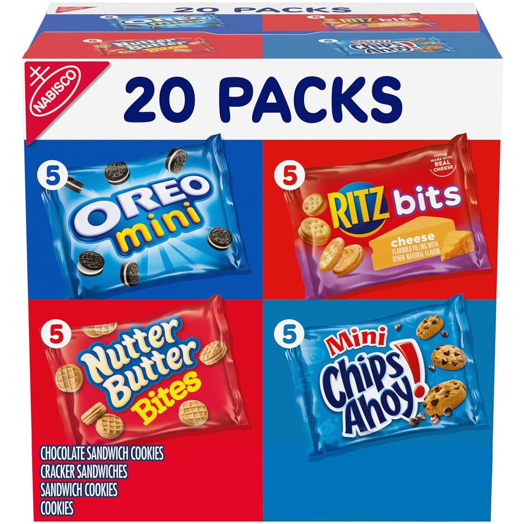 Nabisco Classic Mix Variety Pack, OREO Mini, CHIPS AHOY! Mini, Nutter Butter Bites, RITZ Bits Cheese, Christmas Stocking Stuffers, 20 Snack Packs