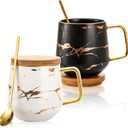 Classic Ceramic Kintsugi Style Coffee Tea Mug with Gold Inlay, Spoon and Bamboo Lid- 12 OZ, Set of 2- Large Mugs, Unique Design, Perfect Novelty Gift- Dishwasher Safe (White/Black)