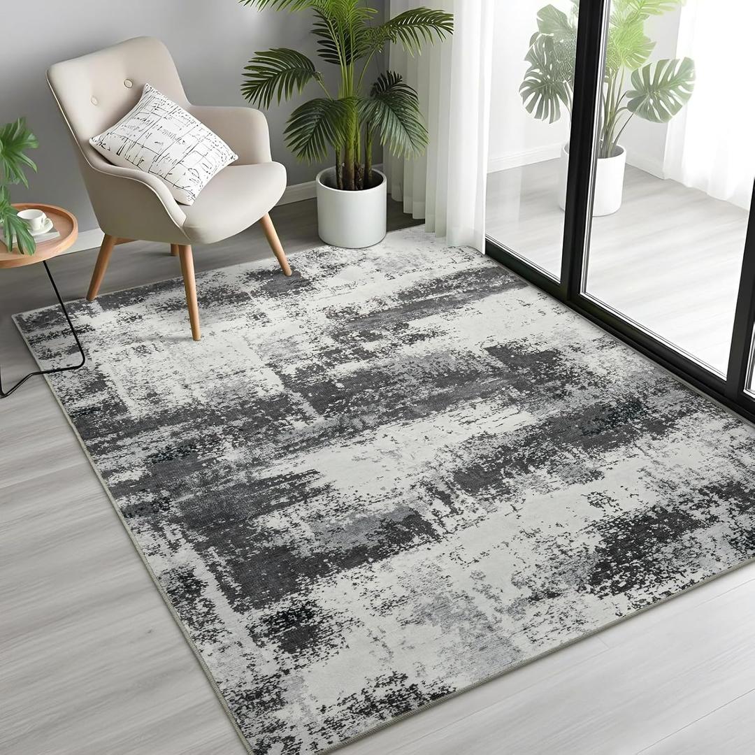 Modern Abstract 3x5 Rug for Entryway, Non-Slip Machine Washable Area Rug, Soft Low Pile Ultra Thin Distressed Doormat for Indoor Entry, Kitchen, Dorm, Living Room, Bedroom, Grey