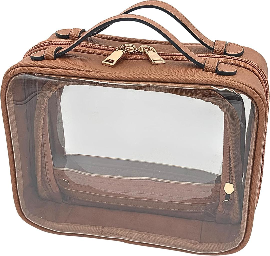 JAZD Clear Makeup Bag Toiletry Bag for Women Cosmetic Case Large Capacity Travel Make Up Bag Organizer Transparent Storage Compartment TSA Approved (BROWN)