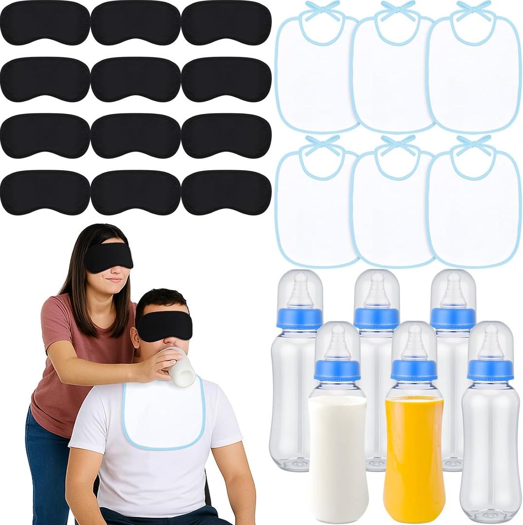 Leinuosen 24 Pcs Baby Shower Blindfold Feeding Game Set Include 6 Plastic Chug Bottles 6 Bib and 12 Eye Mask Blindfold Baby Feeding Bottle Chug Game for Adult Gender Reveal Party Supplies(Blue)