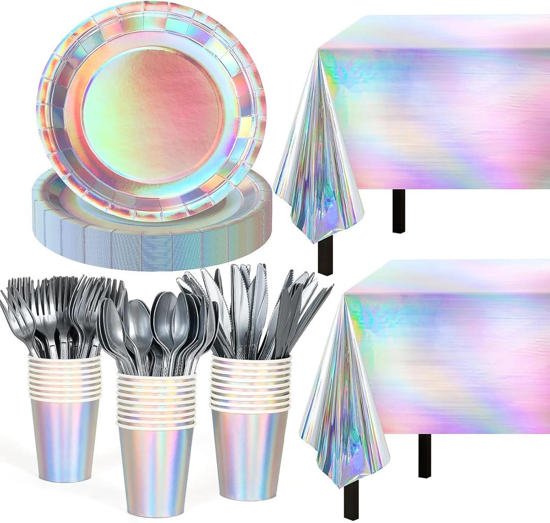 Iridescent Party Supplies Decorations,132 Pcs Disposable Iridescent Paper Party Plates Cups Knives Spoons Fork for Birthday Wedding Outdoor Picnic,Disposable Plastic Tablecloths for Dinner,Holiday