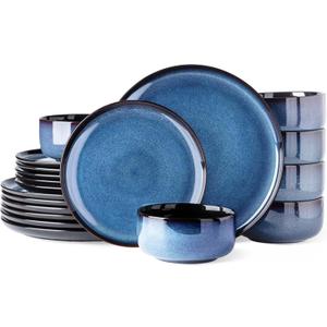 LeRatio Ceramic Dinnerware Sets for 6,Porcelain Plates and Bowls Sets,Handmade Reactive Glaze Dishes Set,Chip Resistant and Scratch Resistant | Oven&Dishwasher & Microwave Safe-Blue(18PCS)