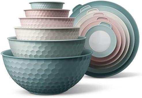 COOK WITH COLOR Mixing Bowls with Lids - 11 Piece Plastic Nesting Bowls Set includes 5 Prep Bowls and 5 Lids, Non Slip Bottom and Embossed Design - Microwave Safe (Teal)