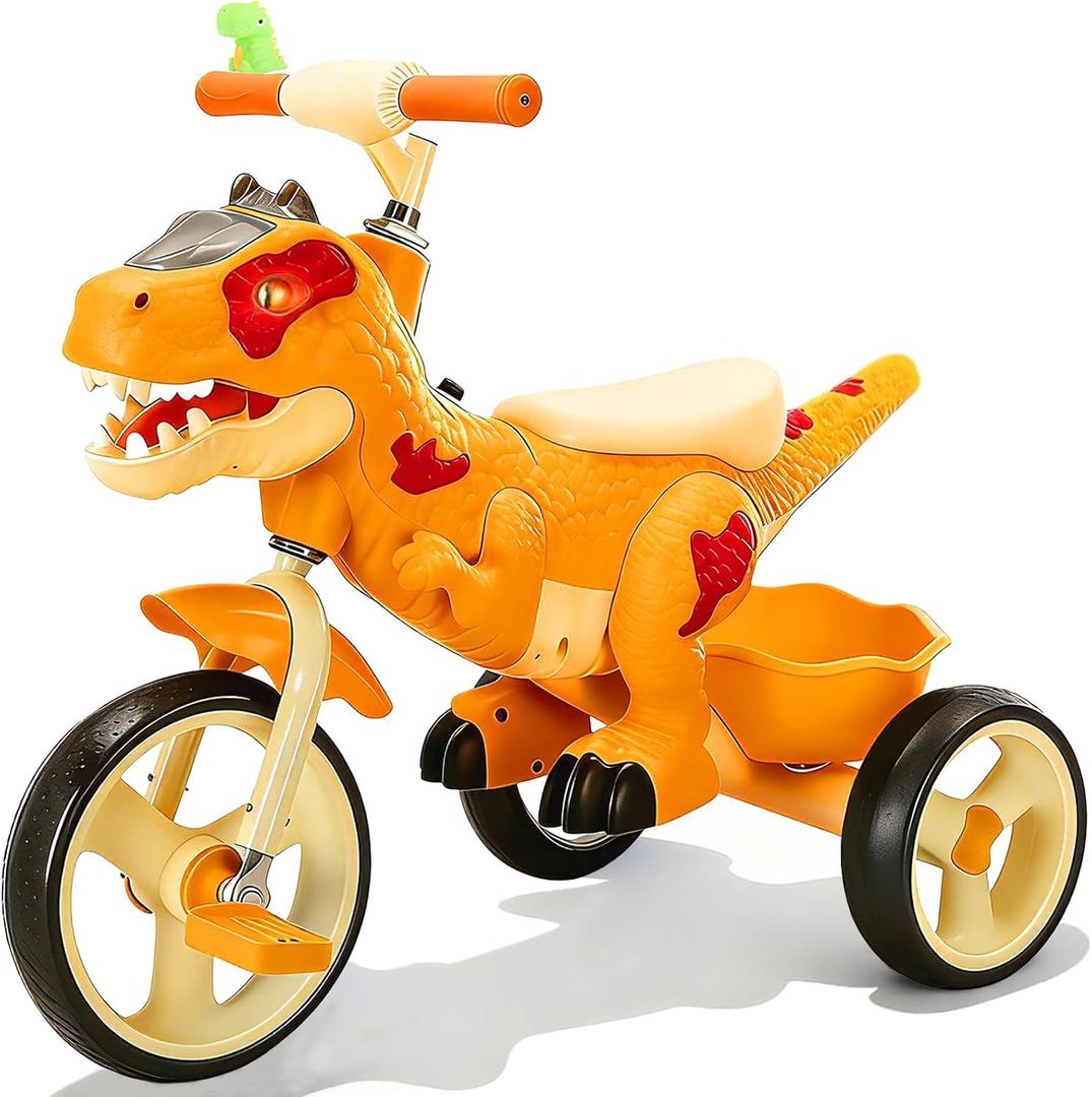 NMM Dinosaur Tricycle for Kids 2-6, Big Wheel, Music, LED, Horn, Orange