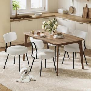 VASAGLE Boucle Dining Chairs Set of 4, Upholstered Kitchen Dining Room Chairs with Curved Backrest and Steel Frame, Modern Mid Century, Round, for Vanity, Living Room, Cream White UKDC110W14