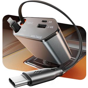 GUSGU 100W Retractable, 4-in-1 Fast Car Phone Charger Featuring a 2.6ft Retractable Cord, with Lightning and USB-C Cable Car Charger Adapters, Compatible All Other Phone Models (Silver)