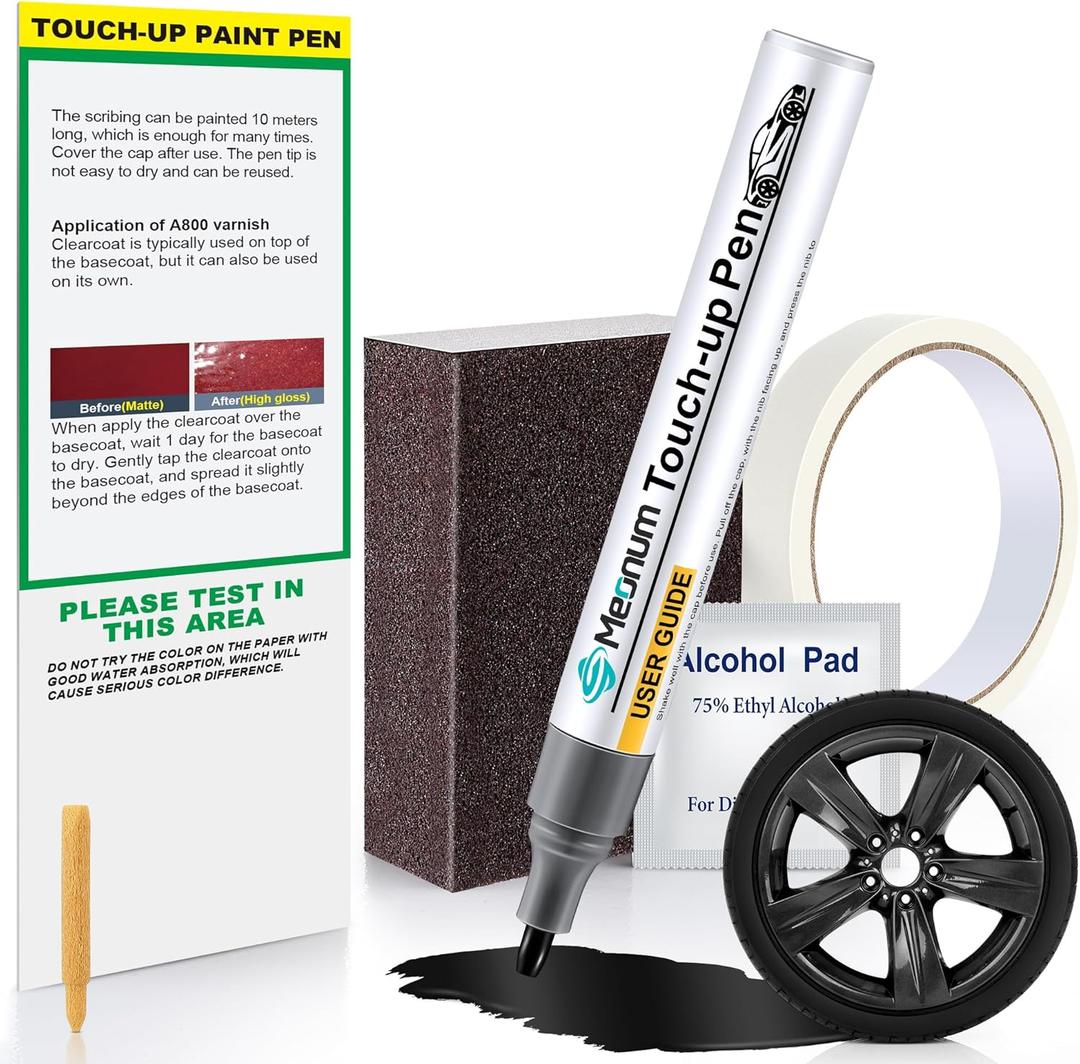 Meonum Wheel Touch Up Paint, Rim Scratch Repair Kit for Curb Rash, Rim Paint Pen for Car Scratch Quick Repair, with Masking Tape and Sanding Block(Gloss Black)