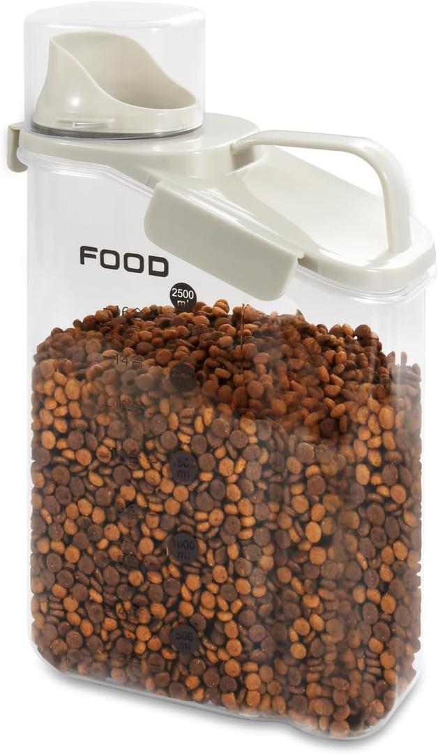 Dog Food Storage Container 3-4lbs, Pet Food Container with Airtight Pour Spout, Cat Food Storage Container with Measuring Cups, Portable Pet Food Container for Dogs, Cats, BirdsWhite