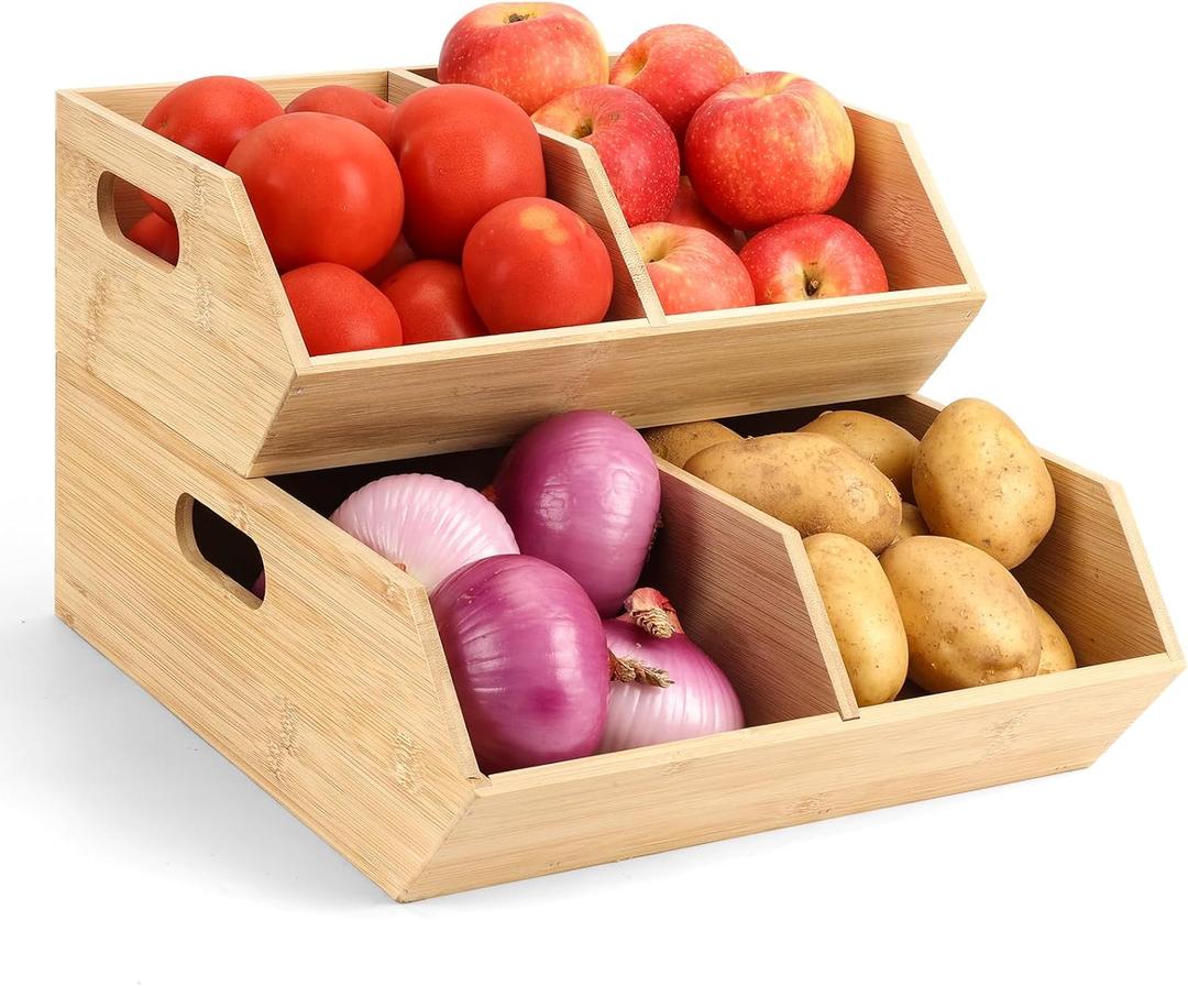 2 Set Pantry Organizers and Storage Bins, Bamboo Stackable Baskets for Potatoes, Onion, Bread, Vegetables - Bamboo Pantry Organizer Containers for Drawer, Cabinet, Countertop